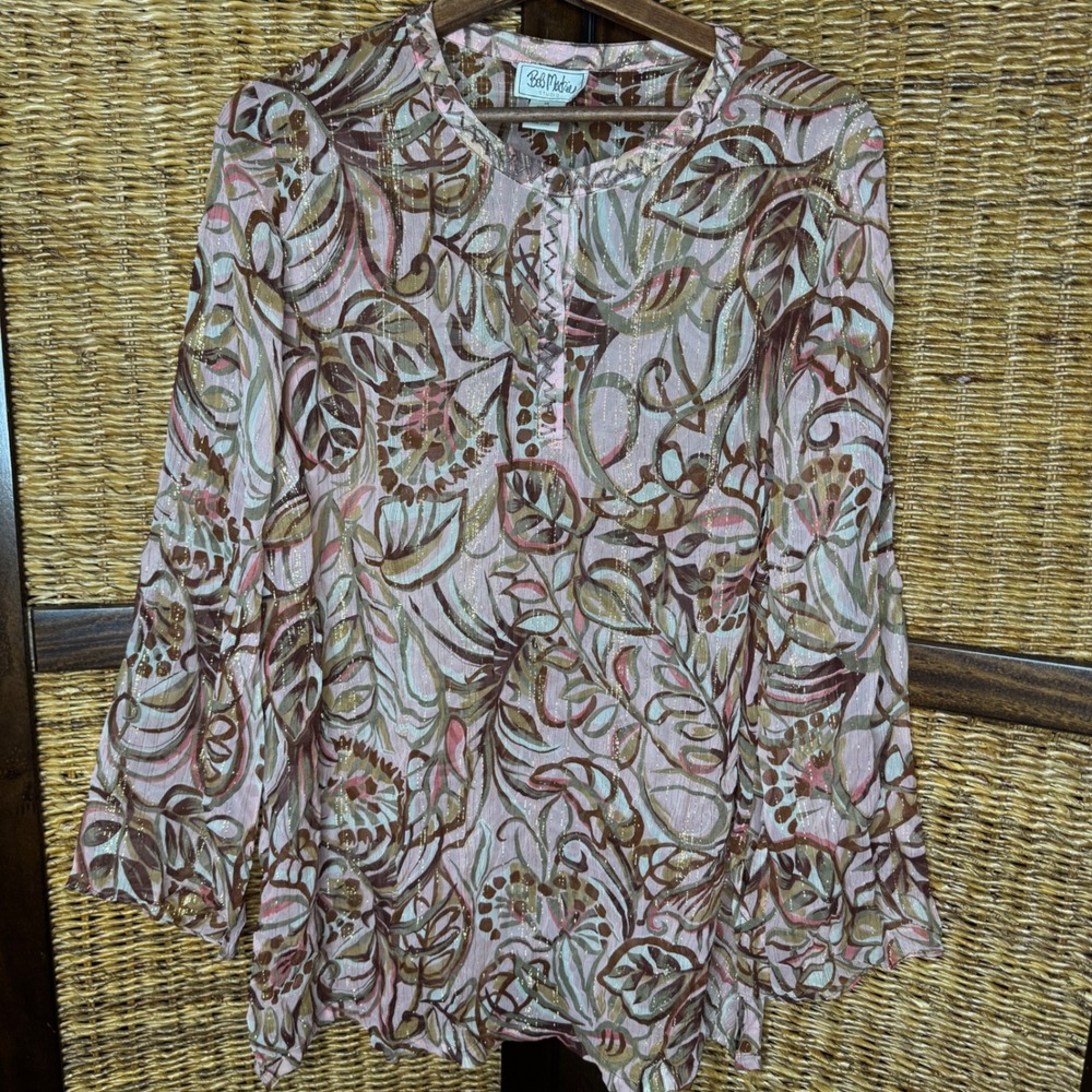 Boho Silk Metallic Pink Floral Beaded Tunic Blouse 1X Top Sheer